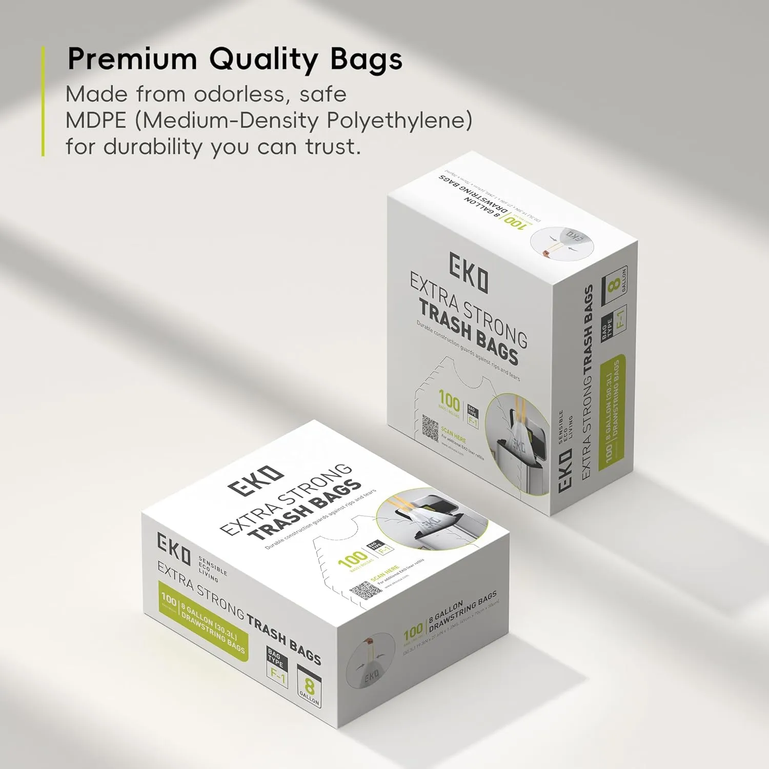 EKO 8 Gallon Trash Bags Drawstring 1.2 Mil - 80 Count White Medium Garbage Bags Unscented, 30 Liter Plastic Kitchen Trash Bags with Easy-Dispense, Code F-1