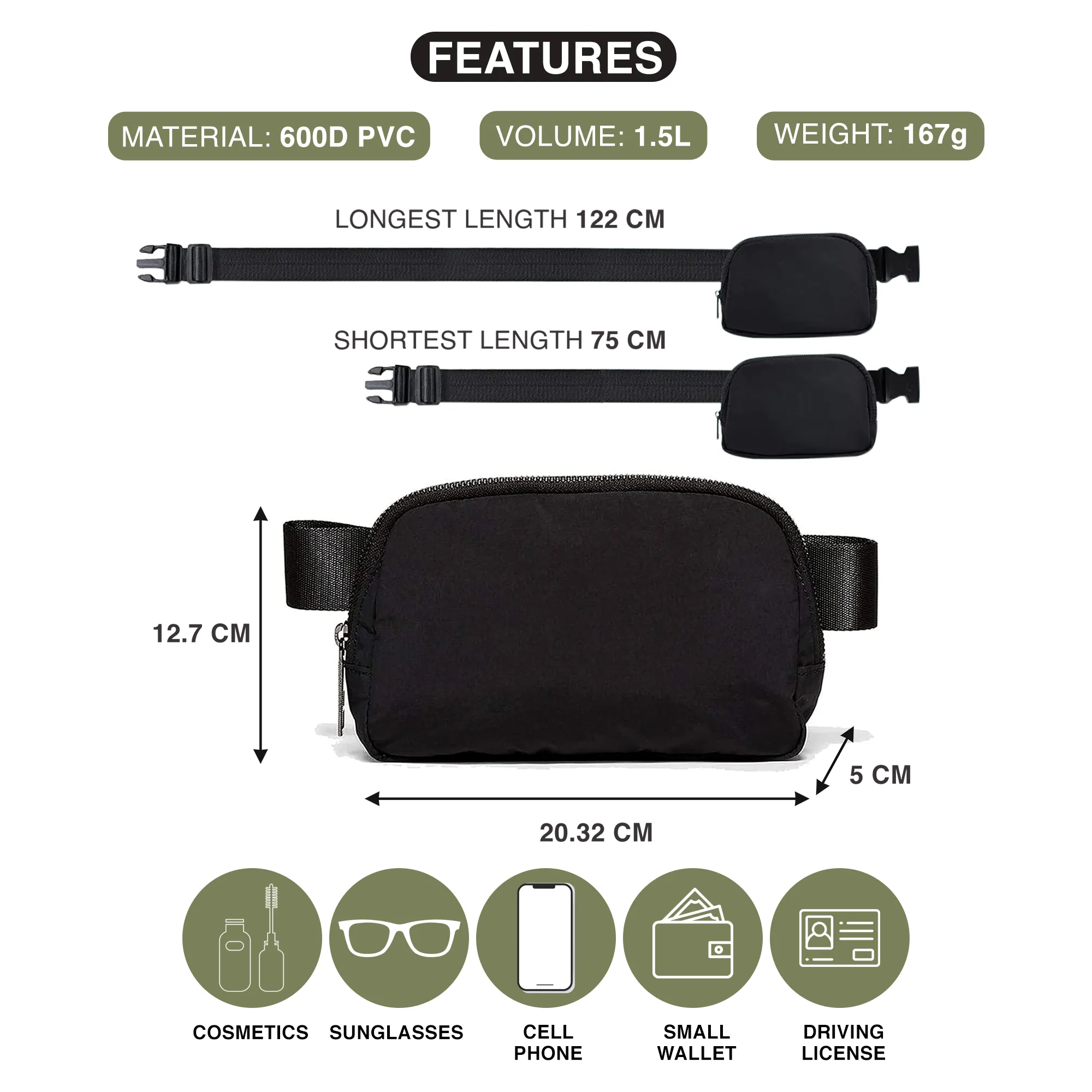 EKODE™ Crossbody Waist Bag Small Adjustabe Stlrap for Running Outdoors Workout Travel Hiking Cycling Water Resistance Fanny Pack for Women and Men Black