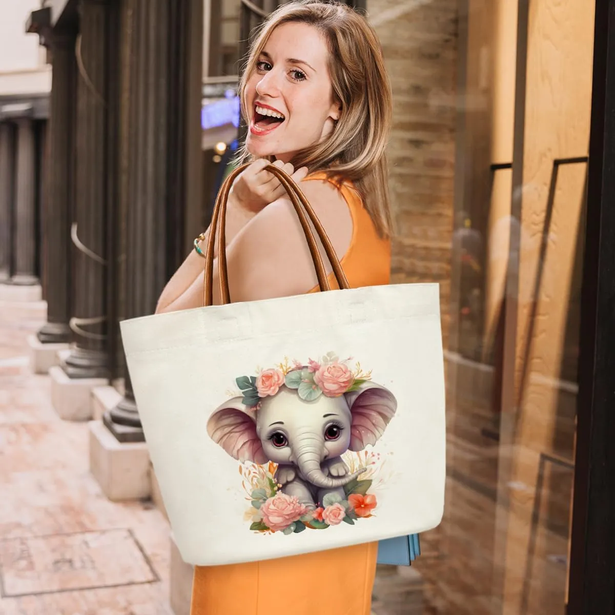 Elephants Gifts Canvas Tote Bag For Women, Cute Tote Bags Reusable Grocery Shoulder Bag for Shopping Work Travel, Motivational Gifts for Halloween Christmas Beach Bags for Elephants Lovers Friends -45