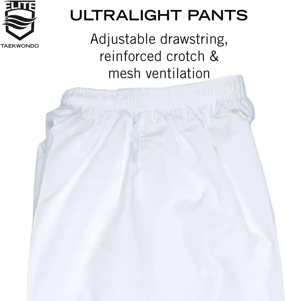 ELITE Pro-Grade White Collar Taekwondo Uniform (TKD Dobok) - Ultralight Fabric. Breathable Design.