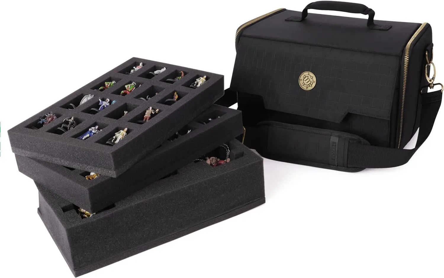 ENHANCE Miniature Figure Satchel - Compact Storage & Carrying Case for DnD Miniatures with Shoulder Strap, 3 Foam Trays (2 Pre-Cut Trays and 1 Pick & Pluck Tray) - Fits Standard 20mm to 25mm Figures