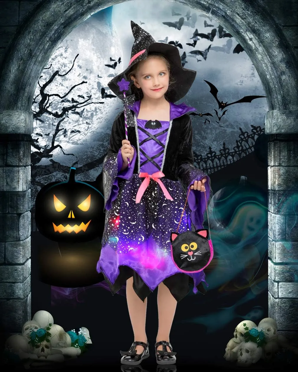 EOZY Girls Light Up Witch Costume Set Halloween Cosplay Party Dress Up with Hat, Magic Wand and Tote Bag