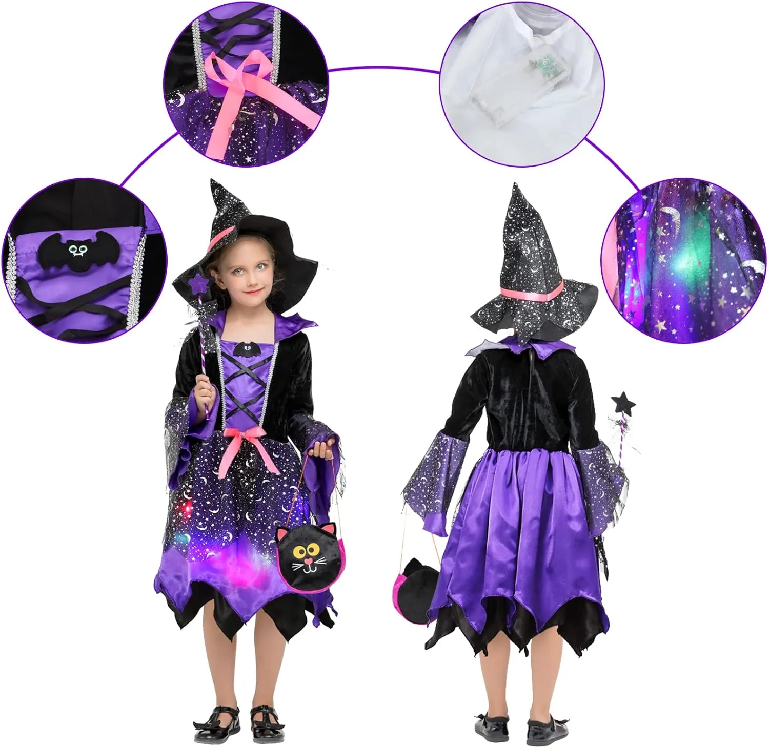 EOZY Girls Light Up Witch Costume Set Halloween Cosplay Party Dress Up with Hat, Magic Wand and Tote Bag