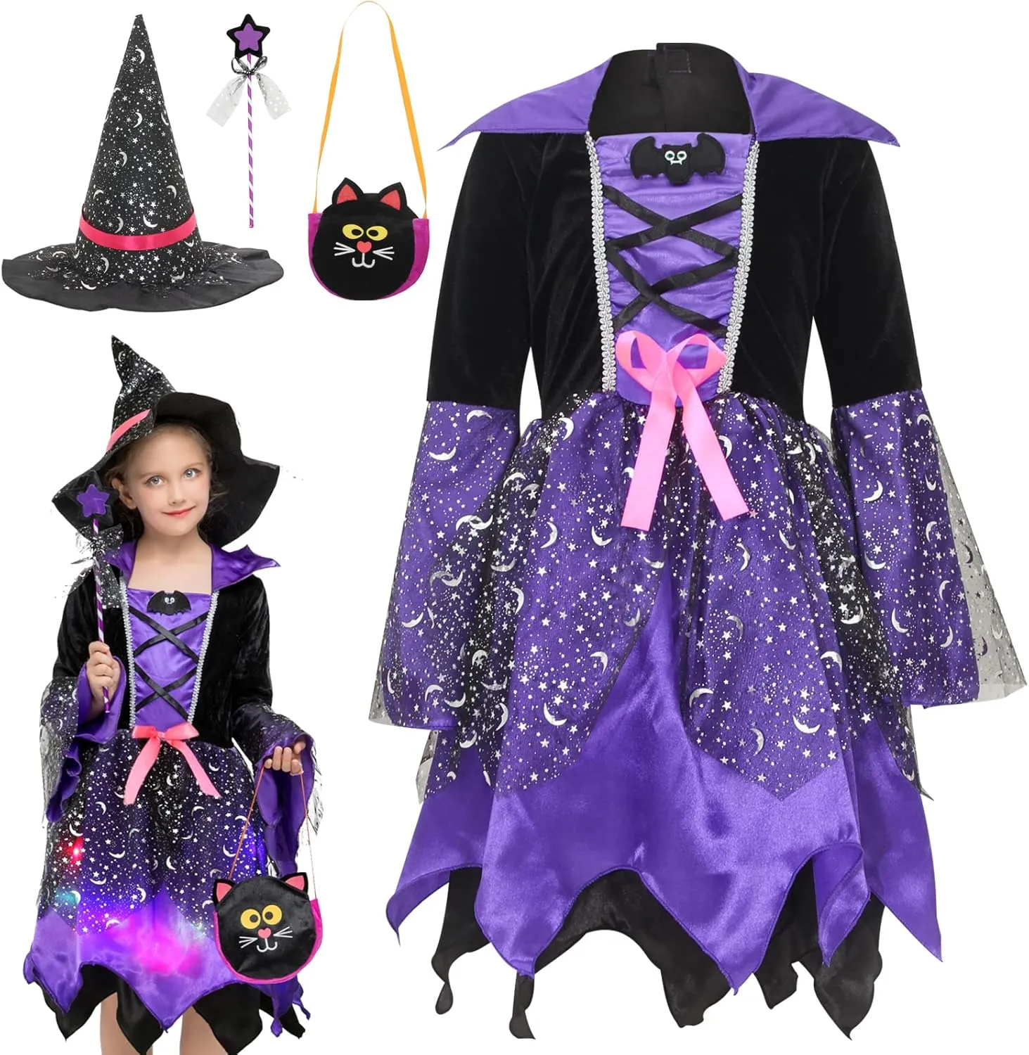 EOZY Girls Light Up Witch Costume Set Halloween Cosplay Party Dress Up with Hat, Magic Wand and Tote Bag