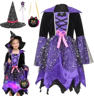 EOZY Girls Light Up Witch Costume Set Halloween Cosplay Party Dress Up with Hat, Magic Wand and Tote Bag