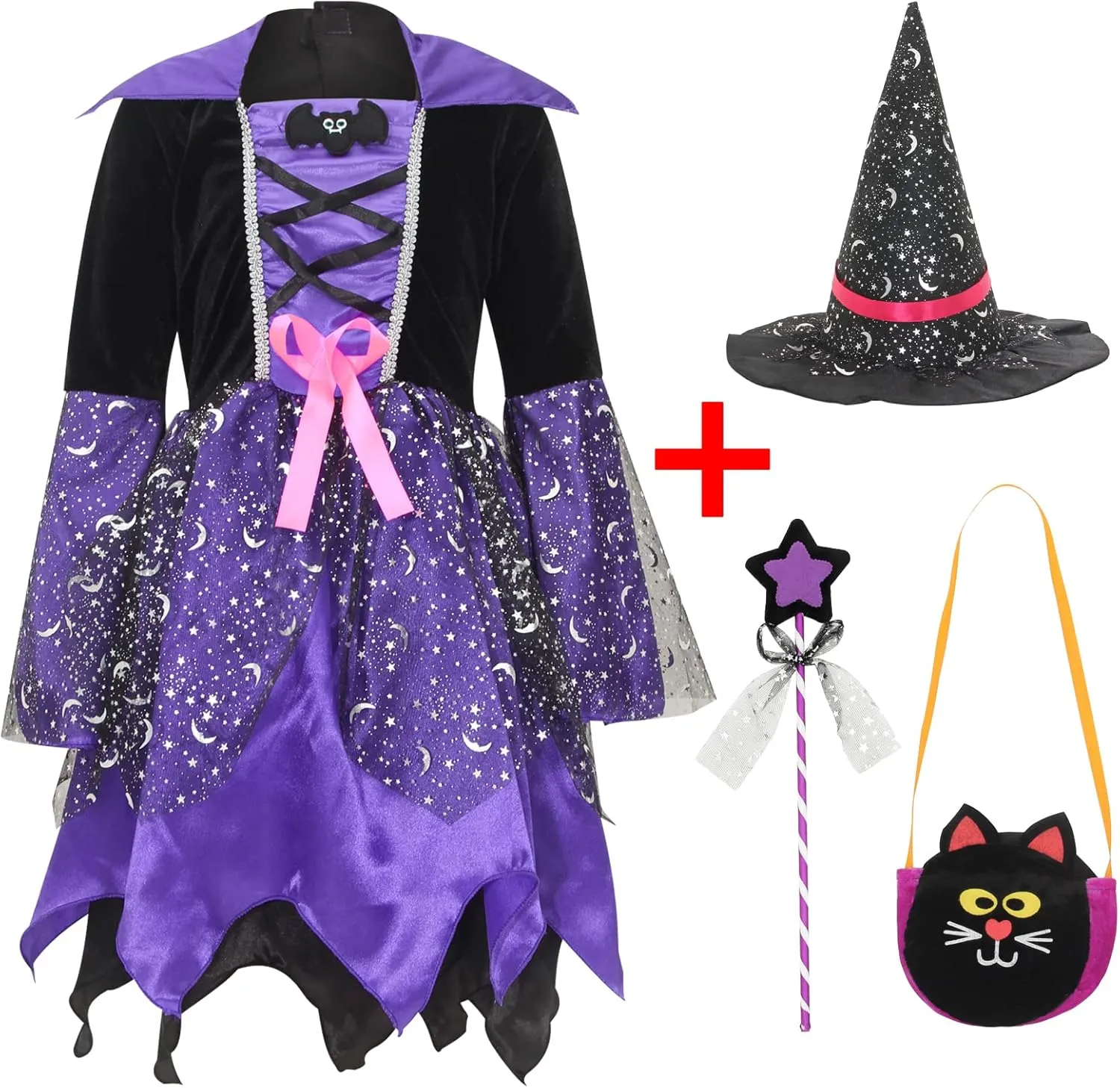 EOZY Girls Light Up Witch Costume Set Halloween Cosplay Party Dress Up with Hat, Magic Wand and Tote Bag