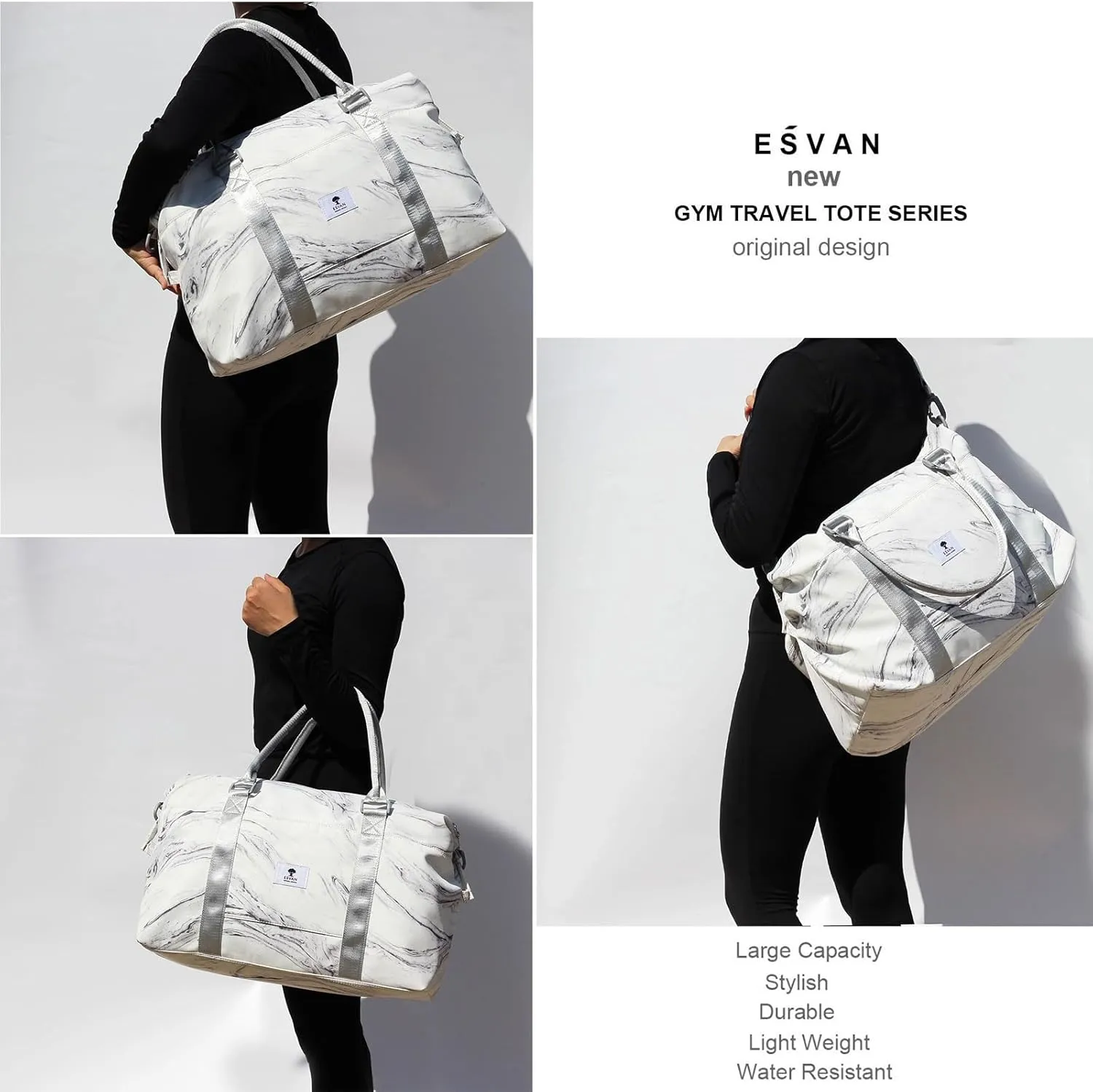 ESVAN Travel Tote Duffel Gym Bag,Weekender Overnight Carry-on Tote Crossbody Bag with Wet Pocket and Trolley Sleeve Upgraded