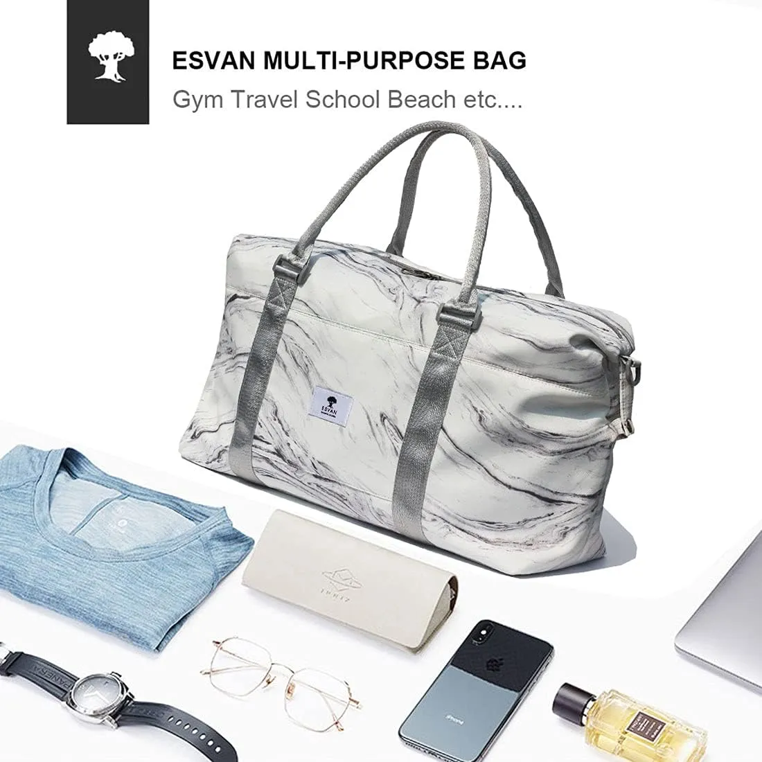 ESVAN Travel Tote Duffel Gym Bag,Weekender Overnight Carry-on Tote Crossbody Bag with Wet Pocket and Trolley Sleeve Upgraded