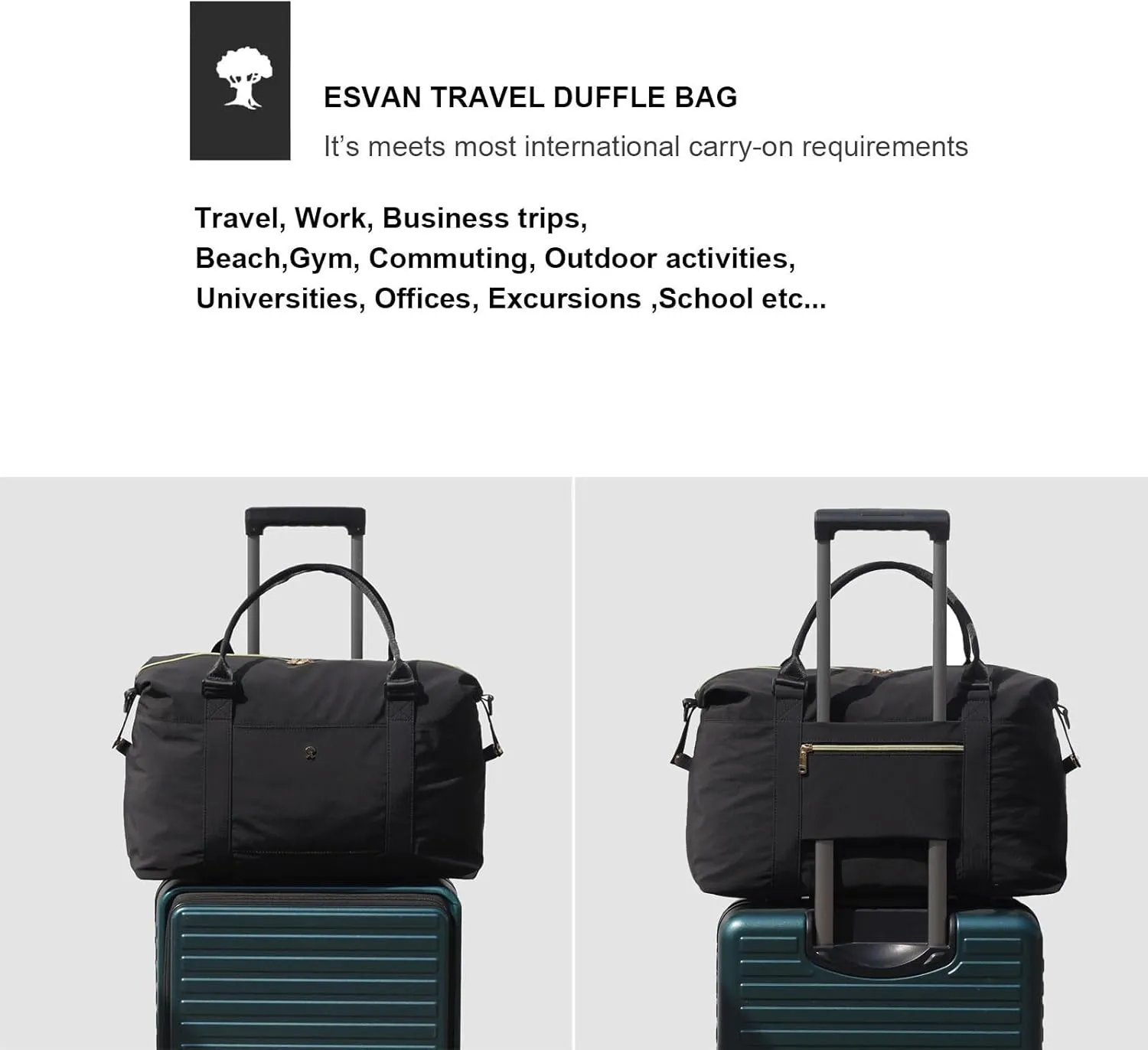 ESVAN Travel Tote Duffel Gym Bag,Weekender Overnight Carry-on Tote Crossbody Bag with Wet Pocket and Trolley Sleeve Upgraded