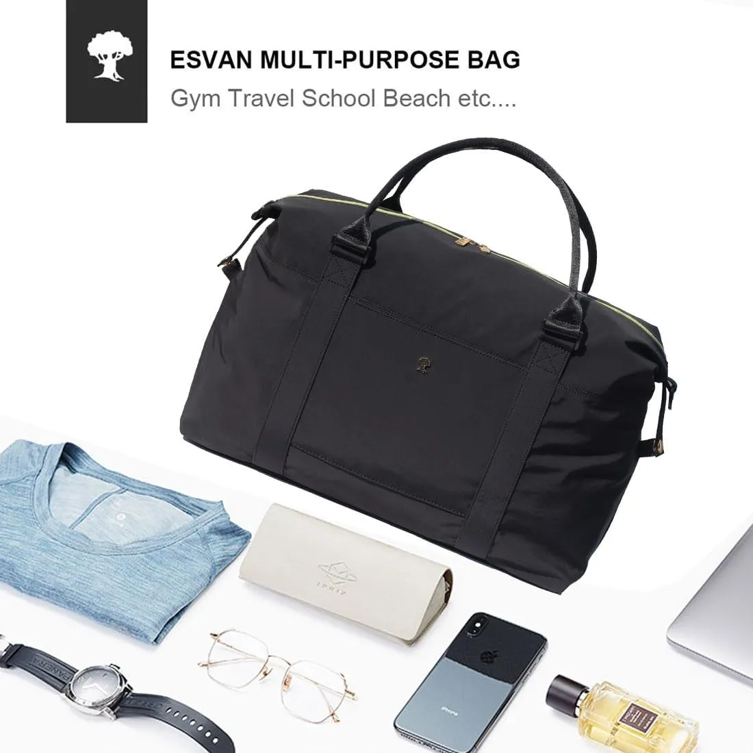 ESVAN Travel Tote Duffel Gym Bag,Weekender Overnight Carry-on Tote Crossbody Bag with Wet Pocket and Trolley Sleeve Upgraded