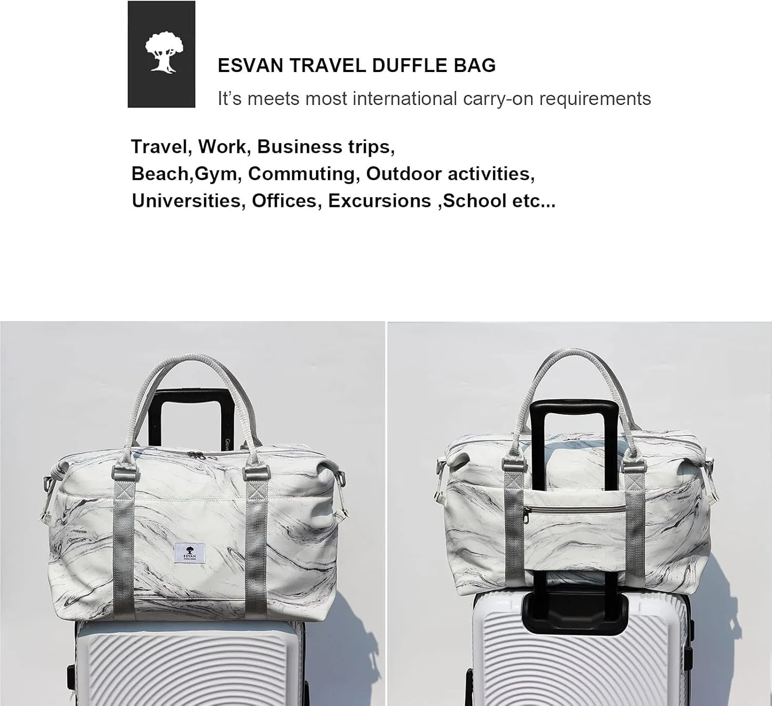 ESVAN Travel Tote Duffel Gym Bag,Weekender Overnight Carry-on Tote Crossbody Bag with Wet Pocket and Trolley Sleeve Upgraded