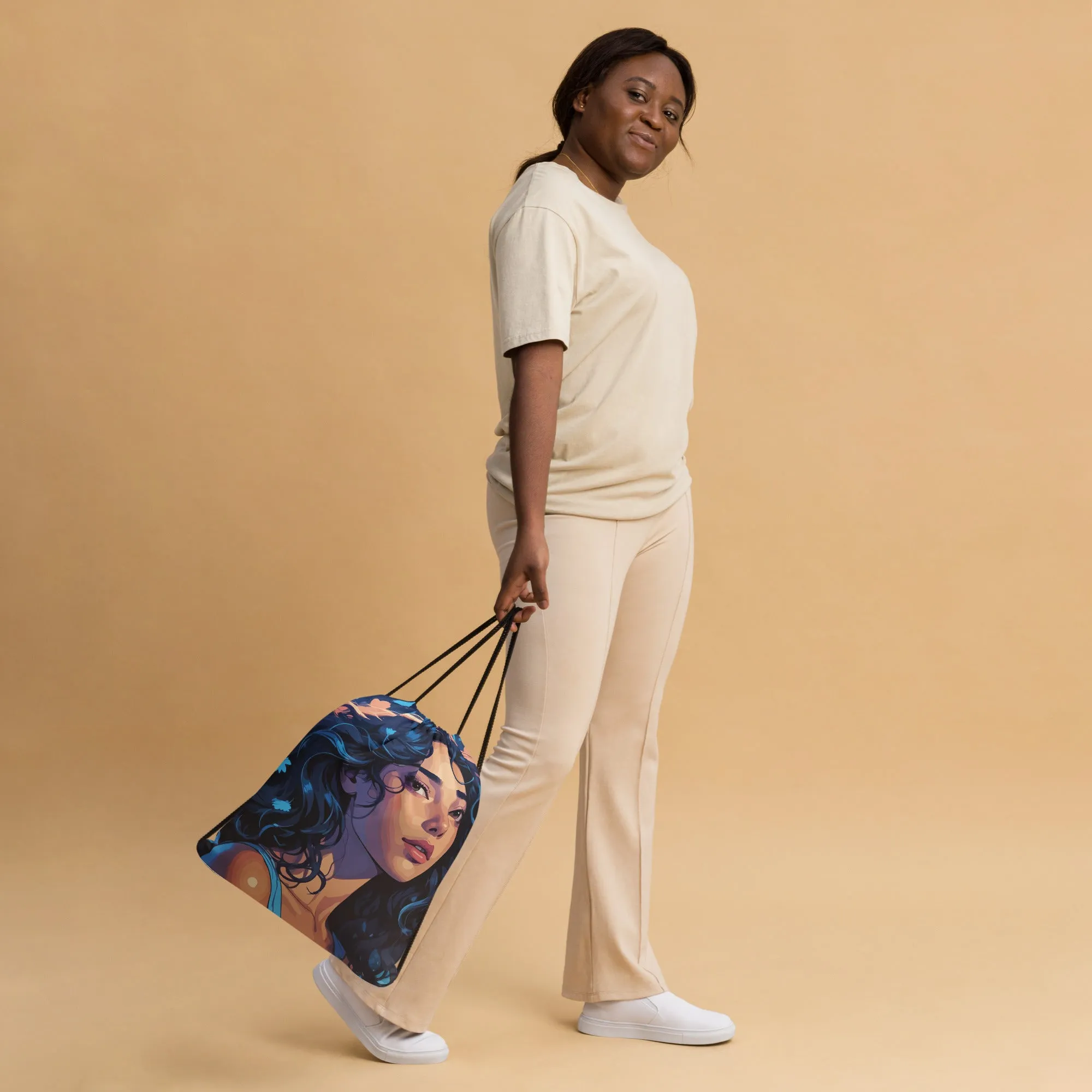 Ethereal Beauty - Blue-Haired Muse Drawstring Bag