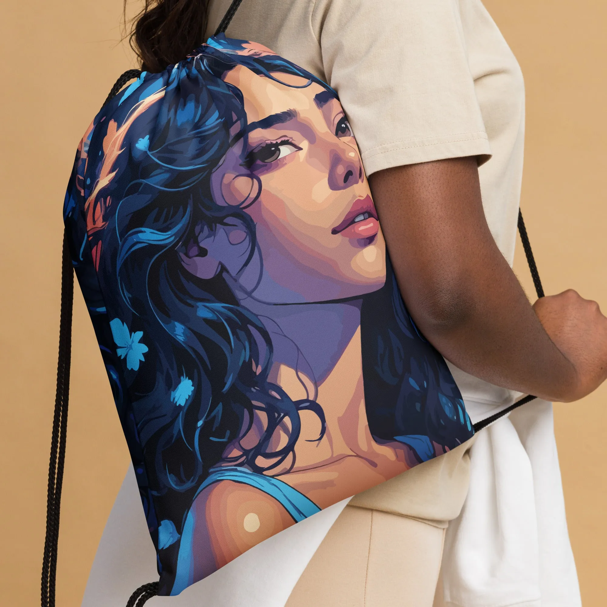 Ethereal Beauty - Blue-Haired Muse Drawstring Bag