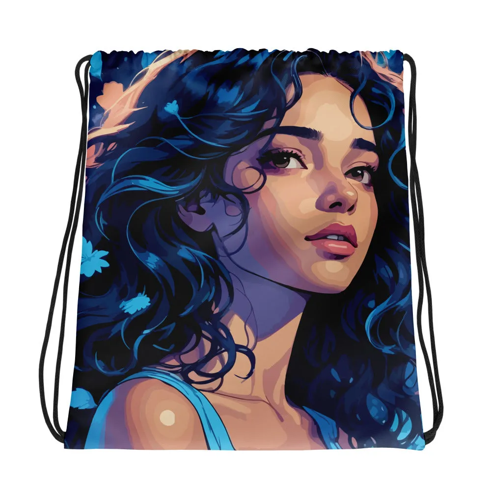 Ethereal Beauty - Blue-Haired Muse Drawstring Bag