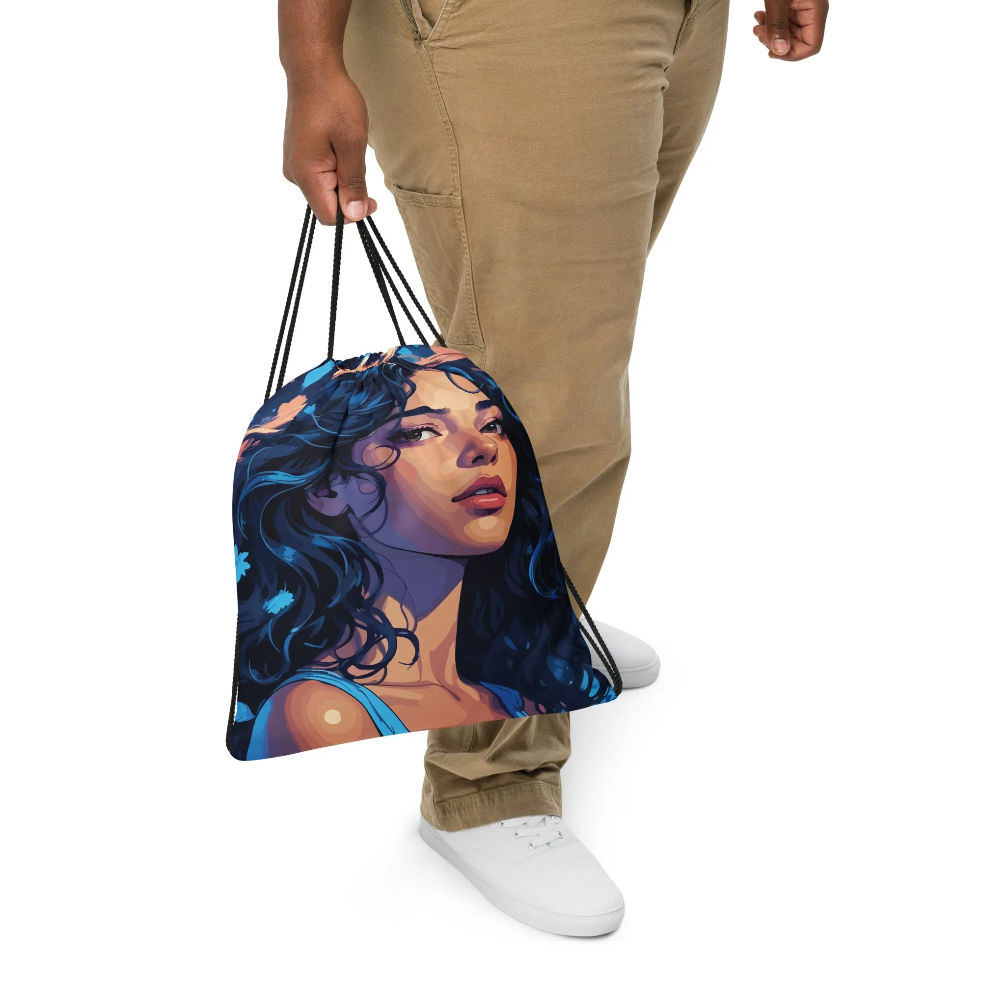 Ethereal Beauty - Blue-Haired Muse Drawstring Bag