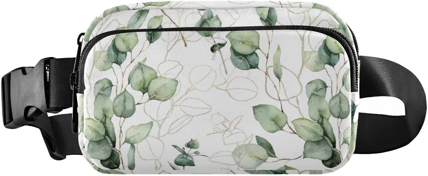 Eucalyptus Branches, Green Eucalyptus Leaves Golden Linear Leaves Adjustable Belt Running Bag, Crossbody Fanny Pack Waist Runners Bag Tote for Women Men Sports Hiking Fitness Exercise Gym Pouch