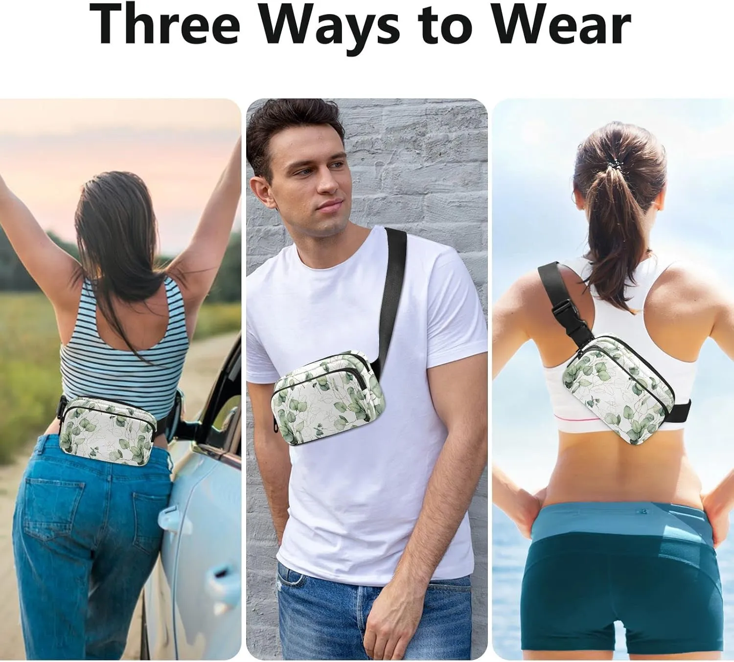 Eucalyptus Branches, Green Eucalyptus Leaves Golden Linear Leaves Adjustable Belt Running Bag, Crossbody Fanny Pack Waist Runners Bag Tote for Women Men Sports Hiking Fitness Exercise Gym Pouch