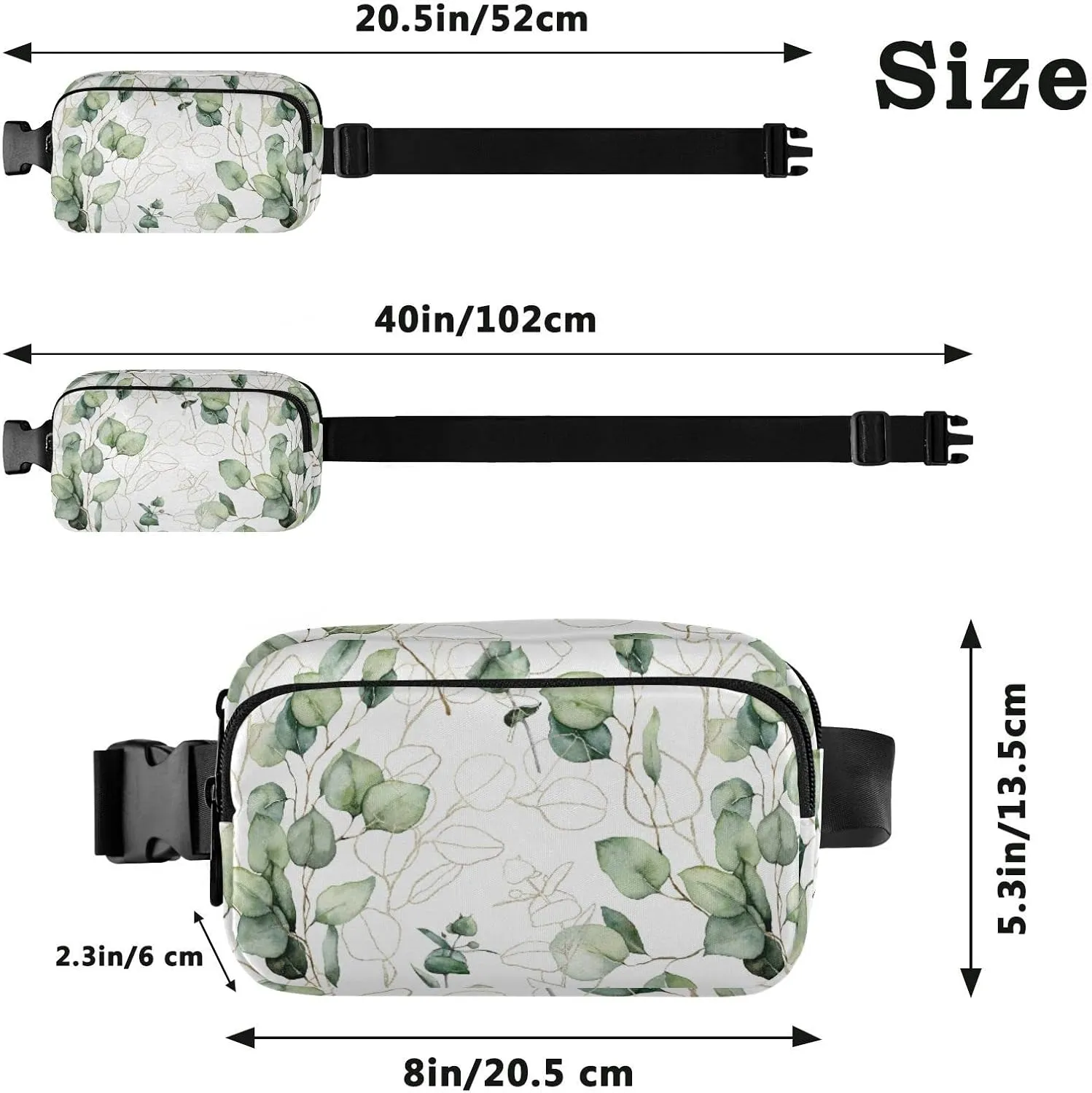 Eucalyptus Branches, Green Eucalyptus Leaves Golden Linear Leaves Adjustable Belt Running Bag, Crossbody Fanny Pack Waist Runners Bag Tote for Women Men Sports Hiking Fitness Exercise Gym Pouch