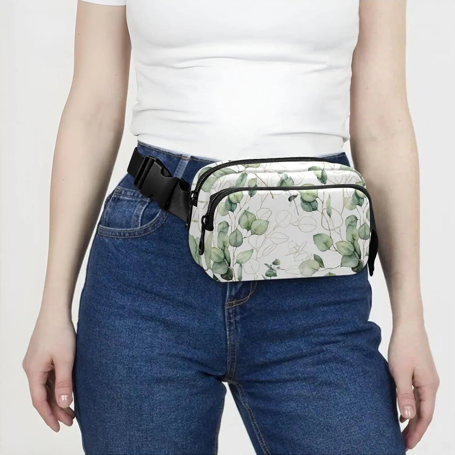 Eucalyptus Branches, Green Eucalyptus Leaves Golden Linear Leaves Adjustable Belt Running Bag, Crossbody Fanny Pack Waist Runners Bag Tote for Women Men Sports Hiking Fitness Exercise Gym Pouch