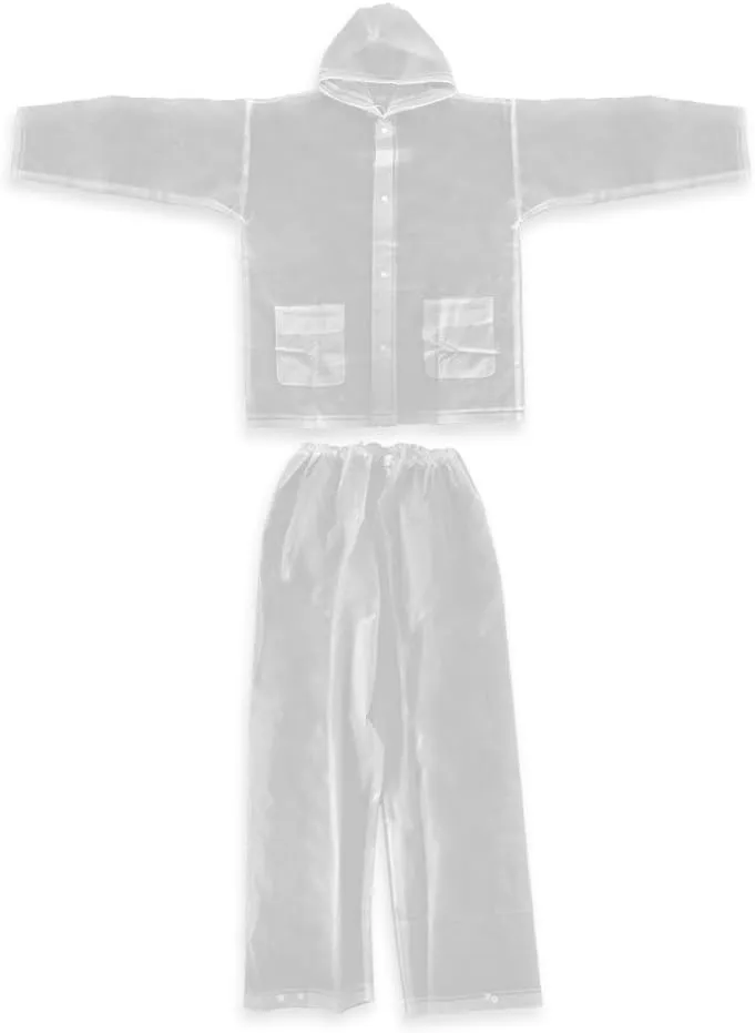 EVA Rain Suits Men Women Transparent Raincoat with Two Pocket Unisex Waterproof Drawstring Hooded Rainwear Outdoor Fishing Hiking Camping Traveling Clear Rainsuits Jacket Pants Set L, XL (L)