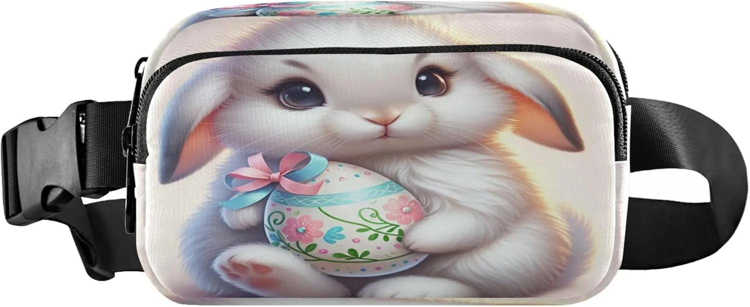 Exnundod Fanny Packs for Women & Men Easter White Bunny, Waist Pack Exquisite Colorful Egg Crossbody Bags Belt Adjustable Strap for Running Hiking Workout