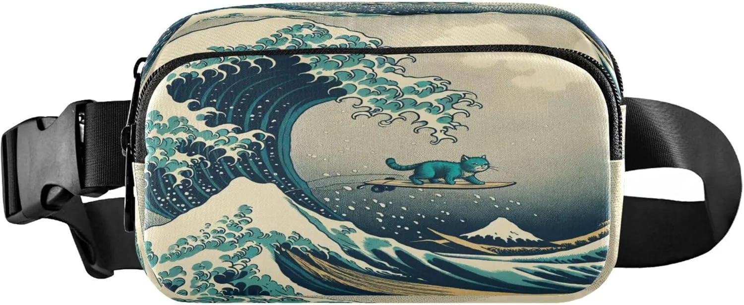 Exnundod Fanny Waist Pack Japanese Wave Cat Surfing Sling Pack Croobody Bag Create Funny Kitten Fashion Belt Bag Water-resistant for Running Hiking Travel