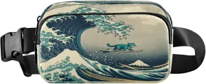 Exnundod Fanny Waist Pack Japanese Wave Cat Surfing Sling Pack Croobody Bag Create Funny Kitten Fashion Belt Bag Water-resistant for Running Hiking Travel