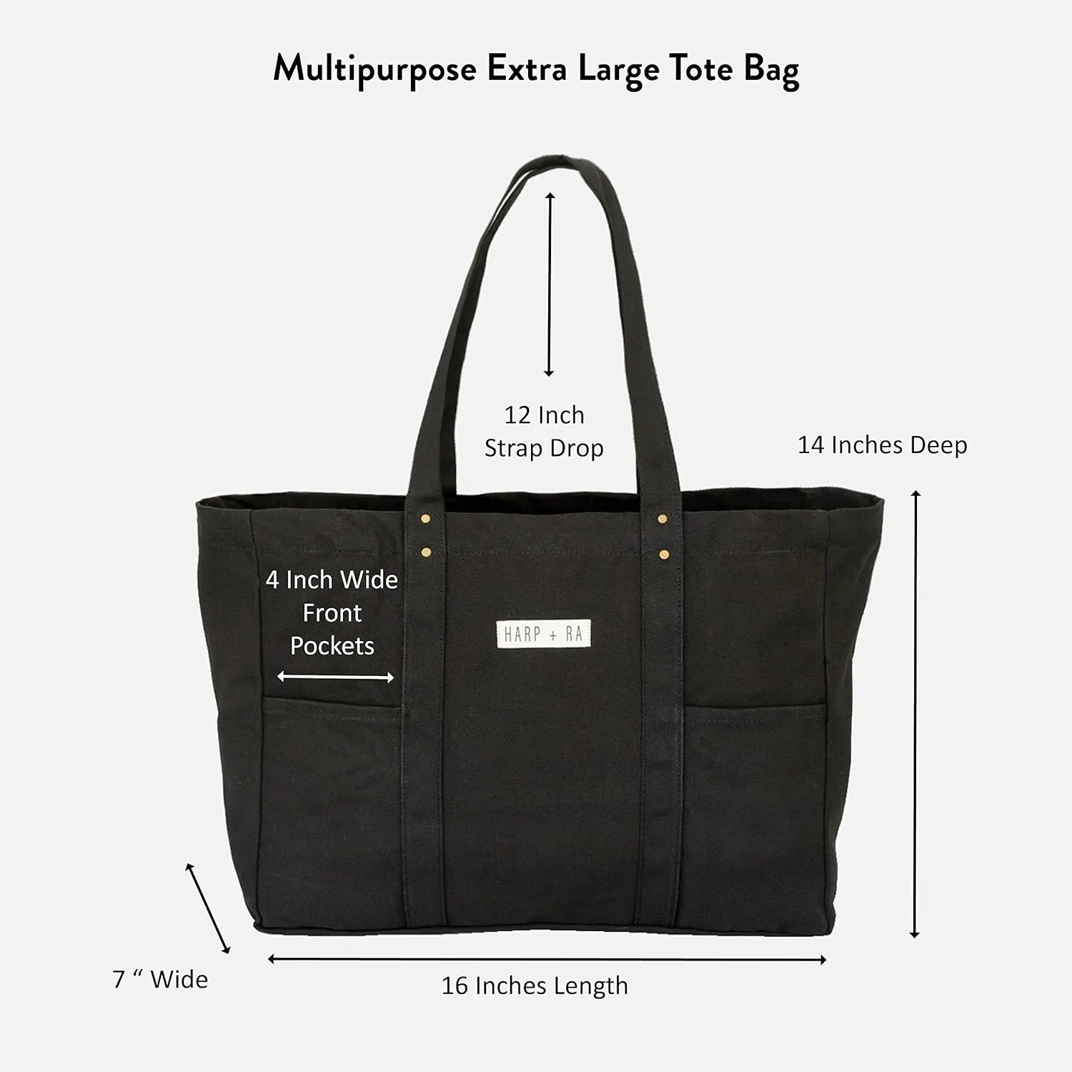Extra Large Canvas Tote Bag - Utility with 2 Front Pockets and Laptop Sleeve, heavy duty everyday tote