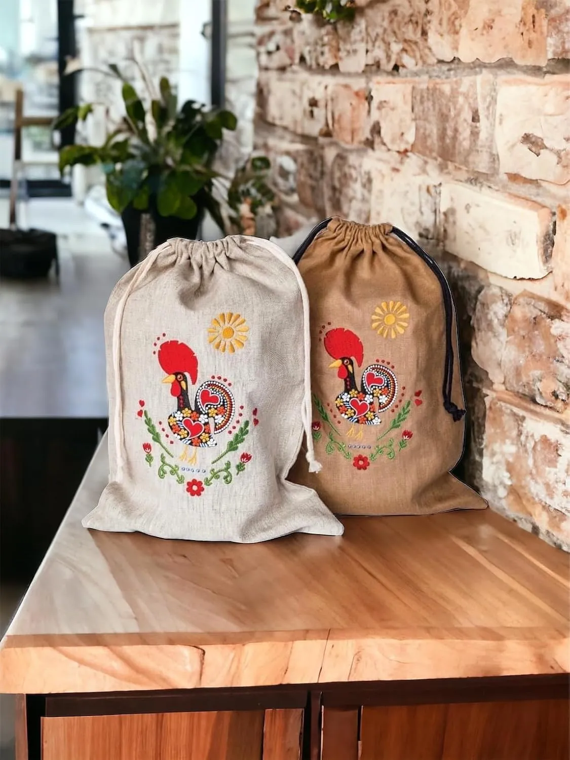 Extra Large Linen Bread Bags for Homemade Reusable & Organic Sourdough Storage. Artisan Rooster Decor