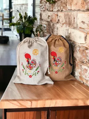 Extra Large Linen Bread Bags for Homemade Reusable & Organic Sourdough Storage. Artisan Rooster Decor