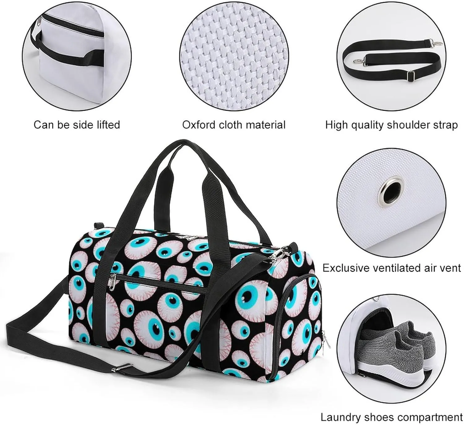 Eyeball Pattern Water Resistant Gym Bag with Shoe Compartment, Travel Duffel Tote Bag Weekender Overnight Bag for Women Men