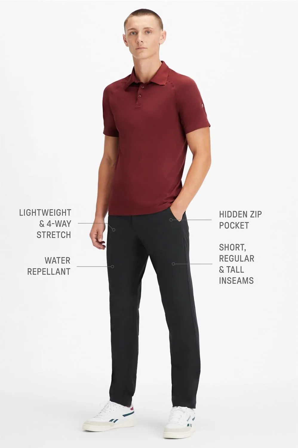 Fabletics Men's The Only Pant, External Pocket, Water-Repellent, Zip Pockets, Lightweight