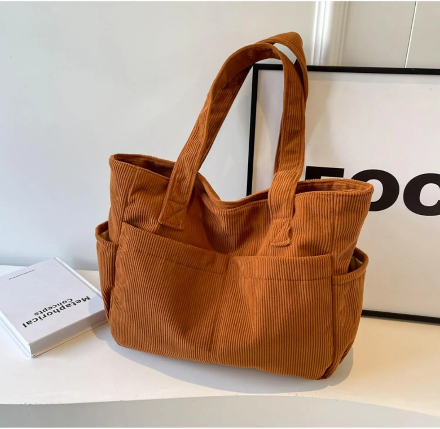 Fall Winter Corduroy Tote Bag Large Capacity Handbag with Multiple Pockets Fashion Shoulder Bag for Women