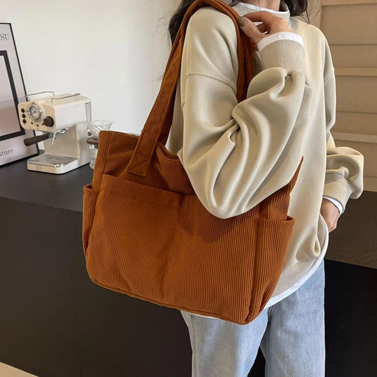 Fall Winter Corduroy Tote Bag Large Capacity Handbag with Multiple Pockets Fashion Shoulder Bag for Women