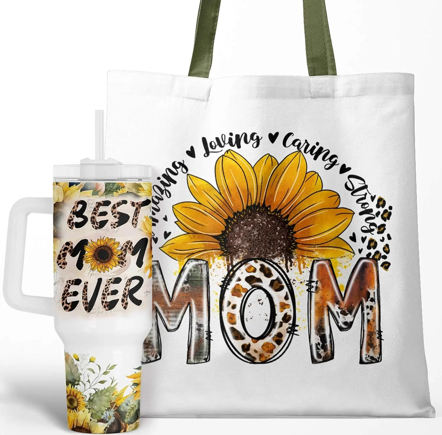 Fancyfams 40 oz Stainless Steel Travel Tumbler with Handle, Lid, and Straw, Tote Bag, Sunflower Birthday Mom Gift for Her, Mothers Day Gifts from Daughter Son, Mama Cup, Unique Idea (Ever Set)