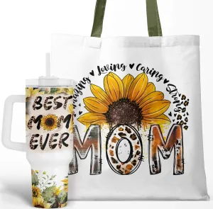 Fancyfams 40 oz Stainless Steel Travel Tumbler with Handle, Lid, and Straw, Tote Bag, Sunflower Birthday Mom Gift for Her, Mothers Day Gifts from Daughter Son, Mama Cup, Unique Idea (Ever Set)