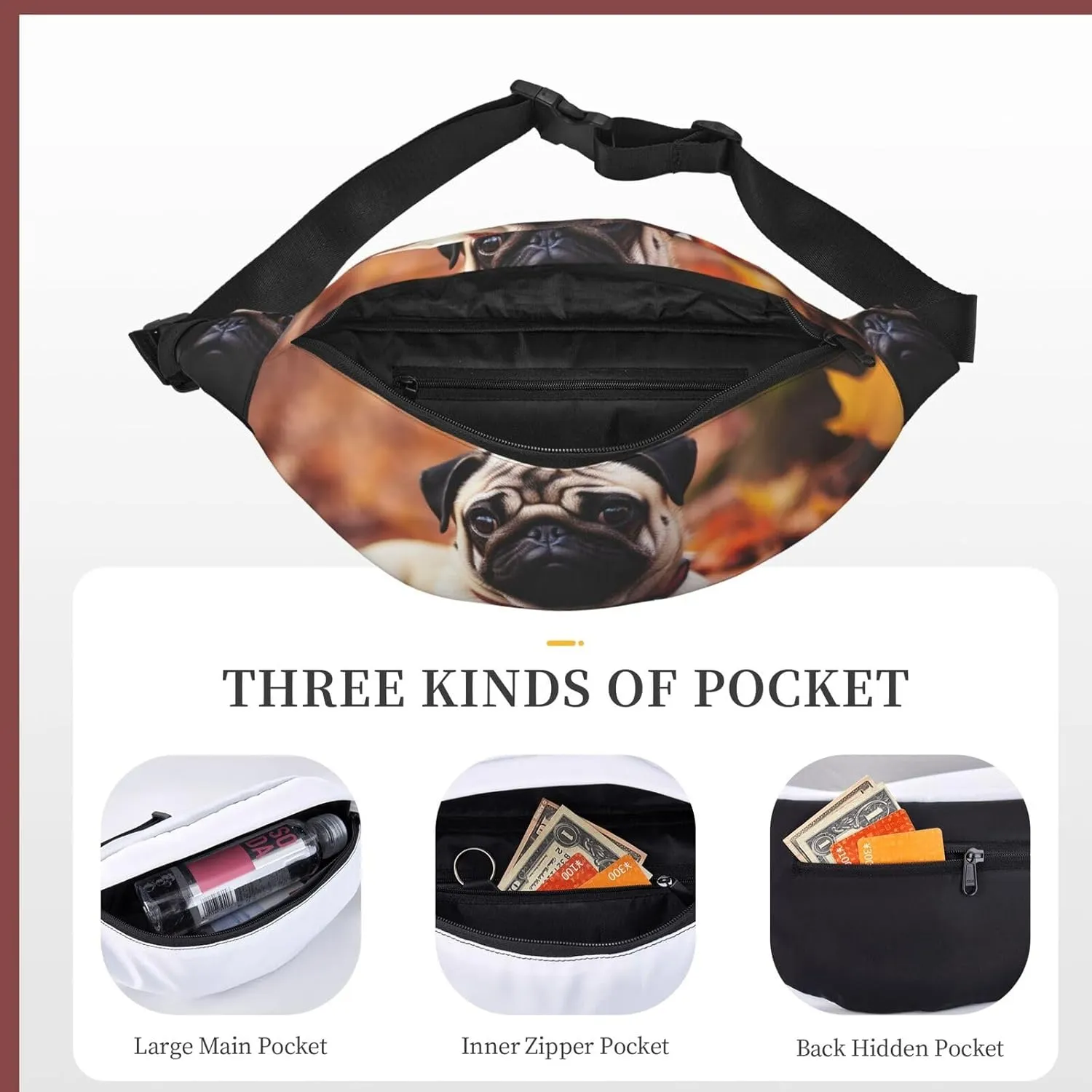 Fanny Pack Fall Foliage Pug Dog Waist Pack For Women Men Waterproof Belt Bag With Adjustable Belt Casual Crossbody Bag Travel Waist Bag For Sports Running Cycling