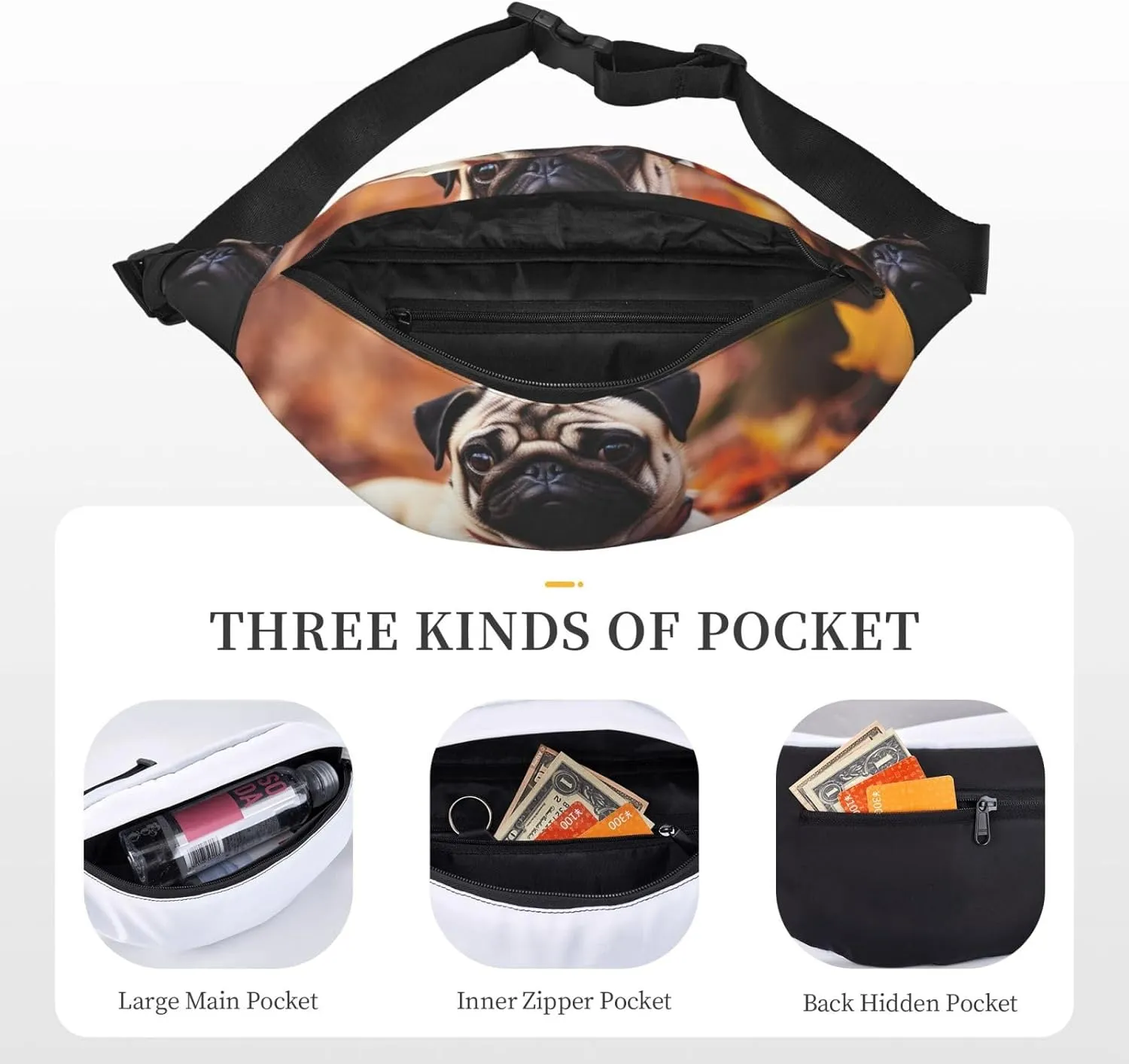 Fanny Pack Fall Foliage Pug Dog Waist Pack For Women Men Waterproof Belt Bag With Adjustable Belt Casual Crossbody Bag Travel Waist Bag For Sports Running Cycling