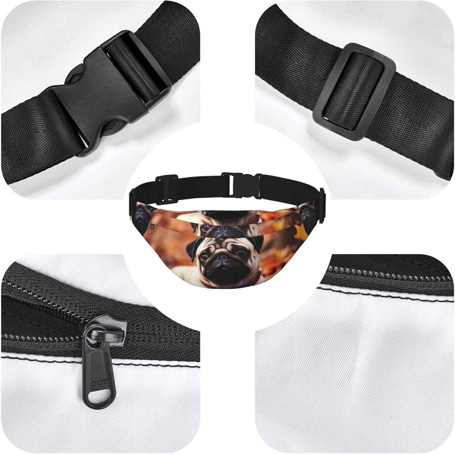 Fanny Pack Fall Foliage Pug Dog Waist Pack For Women Men Waterproof Belt Bag With Adjustable Belt Casual Crossbody Bag Travel Waist Bag For Sports Running Cycling