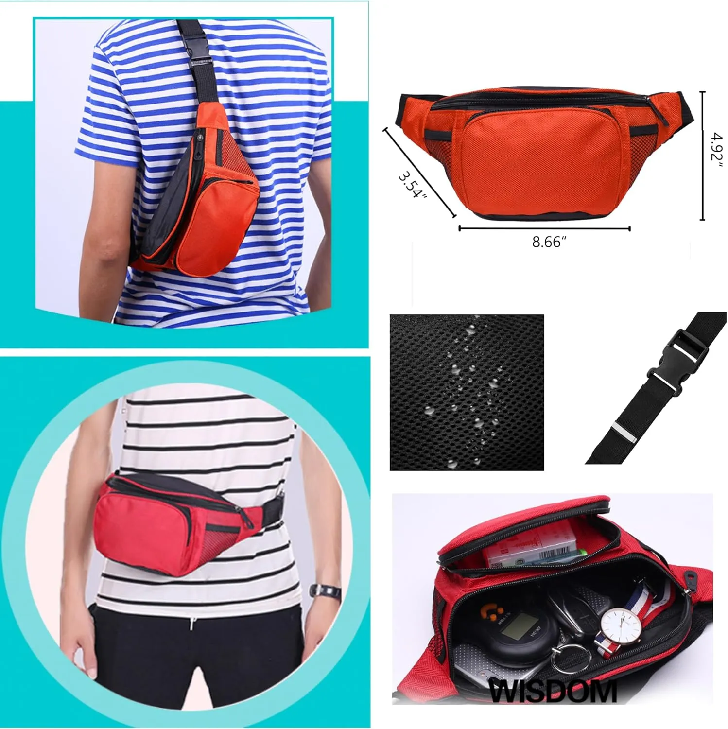 Fanny Pack For Men Women Nylon Zipper Waist Crossbody Waterproof Bag (Rose Red)