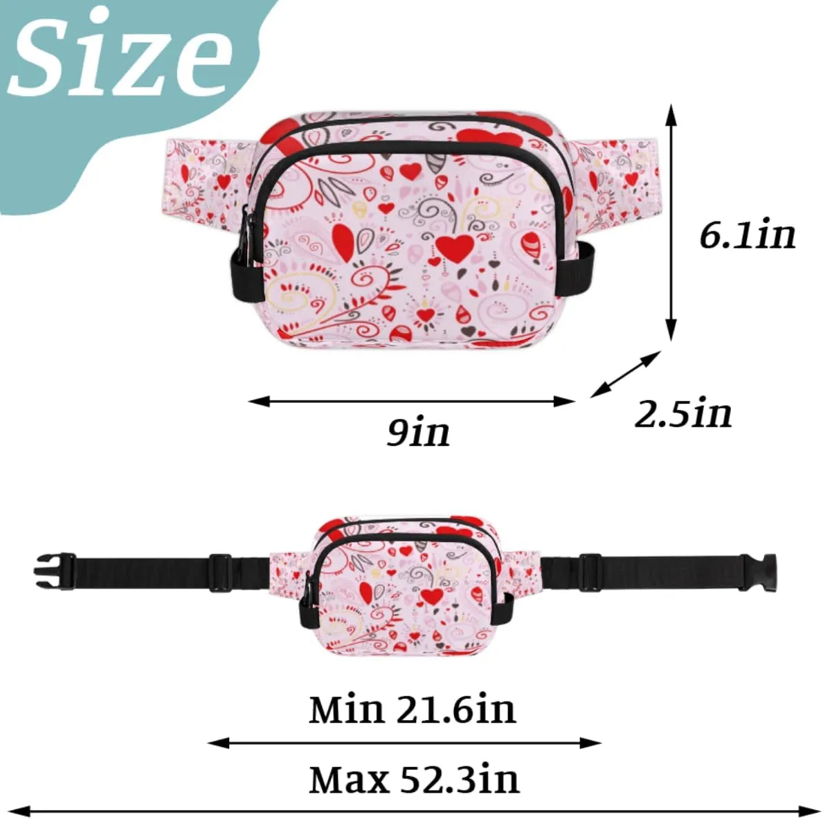 Fanny Pack for Women Men Abstraction Love Heart Crossbody Belt Bag with 3 Zipper Pockets Fashion Waterproof Waist Pack with Adjustable Strap for Travel Running Hiking Cycling