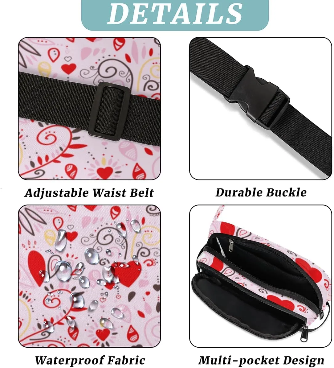 Fanny Pack for Women Men Abstraction Love Heart Crossbody Belt Bag with 3 Zipper Pockets Fashion Waterproof Waist Pack with Adjustable Strap for Travel Running Hiking Cycling