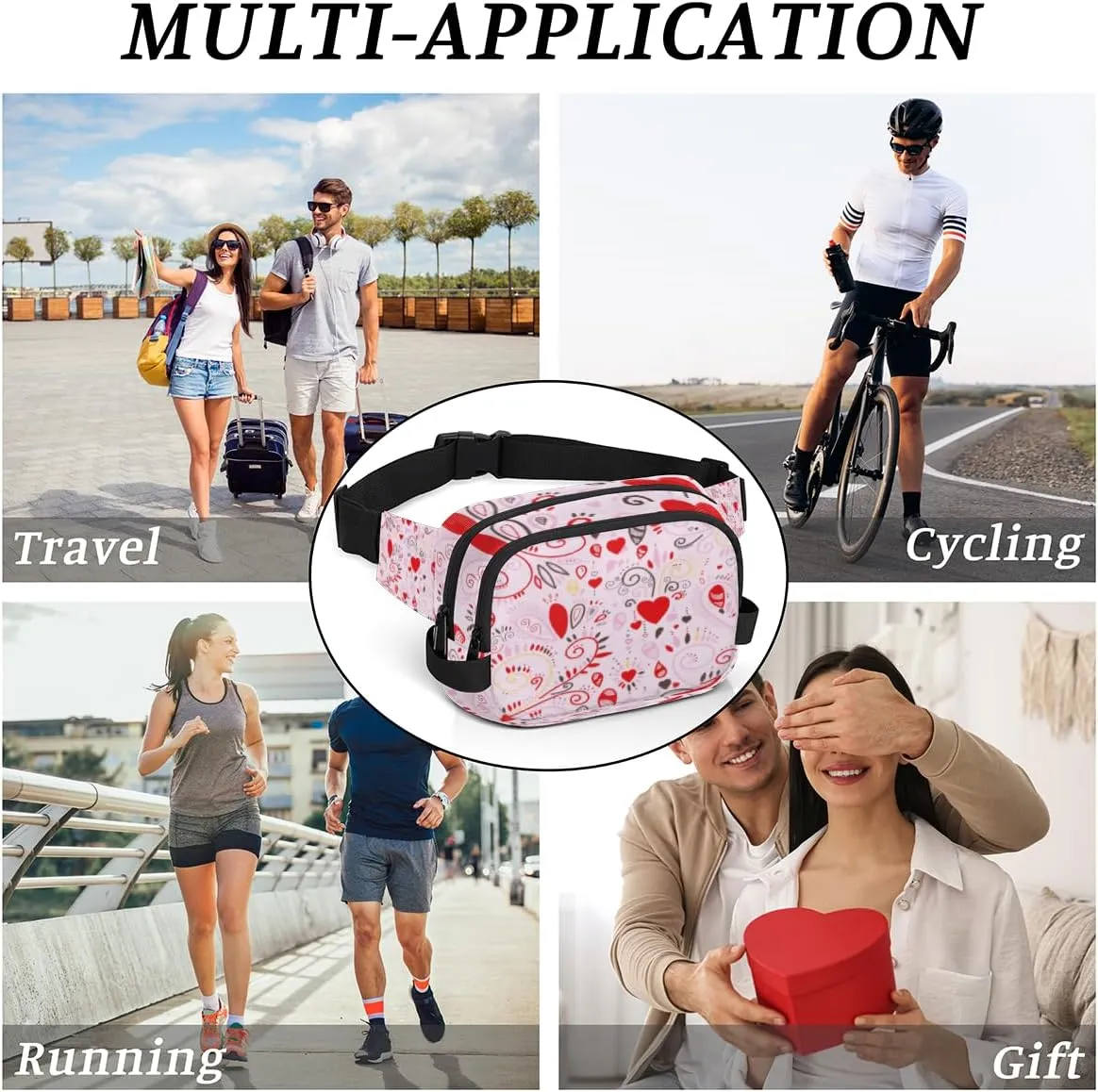 Fanny Pack for Women Men Abstraction Love Heart Crossbody Belt Bag with 3 Zipper Pockets Fashion Waterproof Waist Pack with Adjustable Strap for Travel Running Hiking Cycling