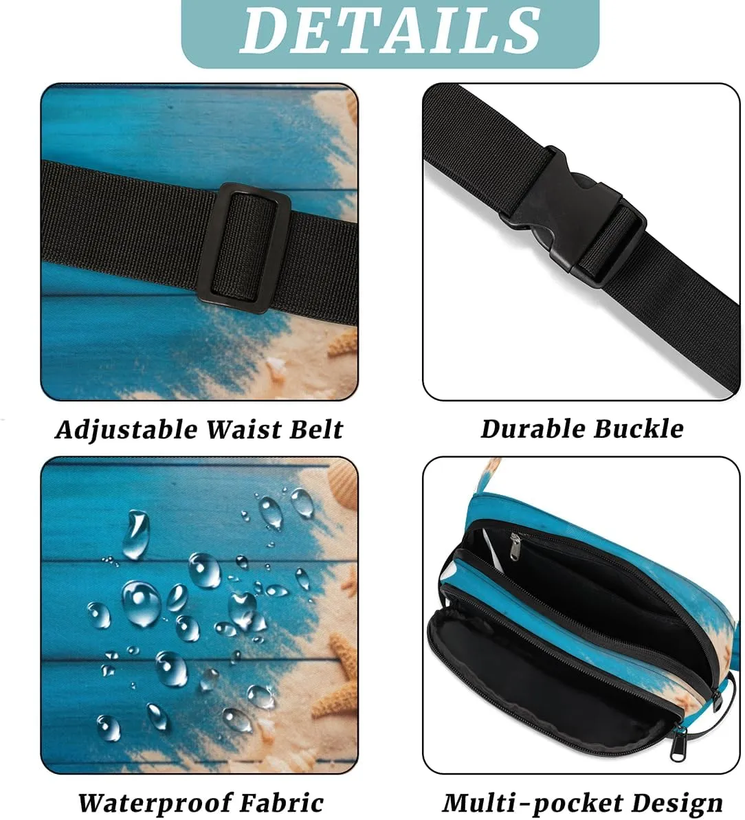 Fanny Pack for Women Men Cute Seashell Pattern Crossbody Belt Bag with 3 Zipper Pockets Fashion Waterproof Waist Pack with Adjustable Strap for Travel Running Hiking Cycling