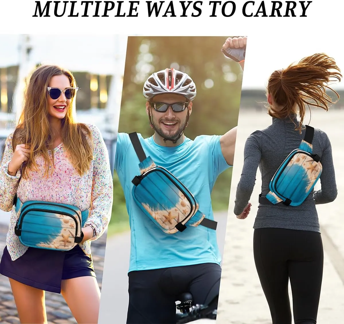 Fanny Pack for Women Men Cute Seashell Pattern Crossbody Belt Bag with 3 Zipper Pockets Fashion Waterproof Waist Pack with Adjustable Strap for Travel Running Hiking Cycling
