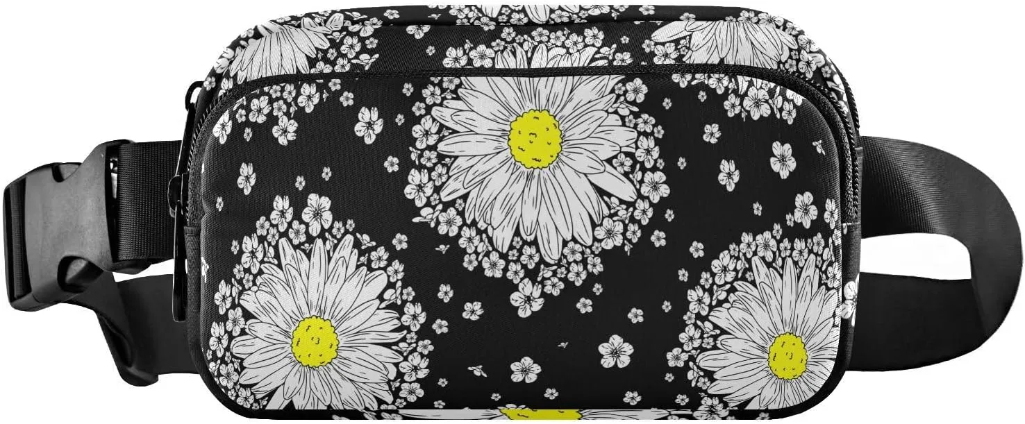 Fanny Pack Waist Bag for Men Women Black and White Daisy Crossbody Fashion Waist Packs Belt Bag with Adjustable Strap for Traveling, Hiking, Jogging, Cycling