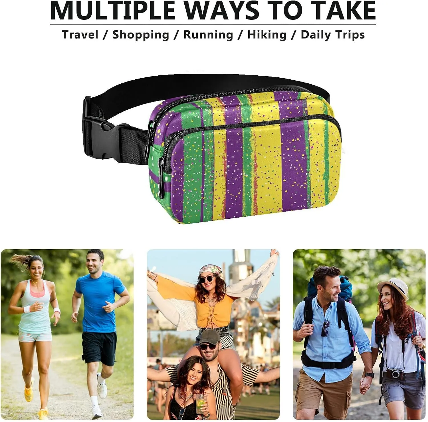 Fanny Pack Waist Bag with Adjustable Strap, Women Men Crossbody Sling Bags, Mardi Gras Carnival Coin Tie Lipstick, Large Capacity Travel Wallet for Shopping Sports Work