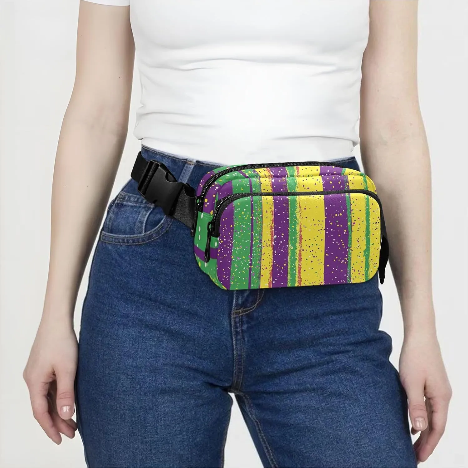 Fanny Pack Waist Bag with Adjustable Strap, Women Men Crossbody Sling Bags, Mardi Gras Carnival Coin Tie Lipstick, Large Capacity Travel Wallet for Shopping Sports Work