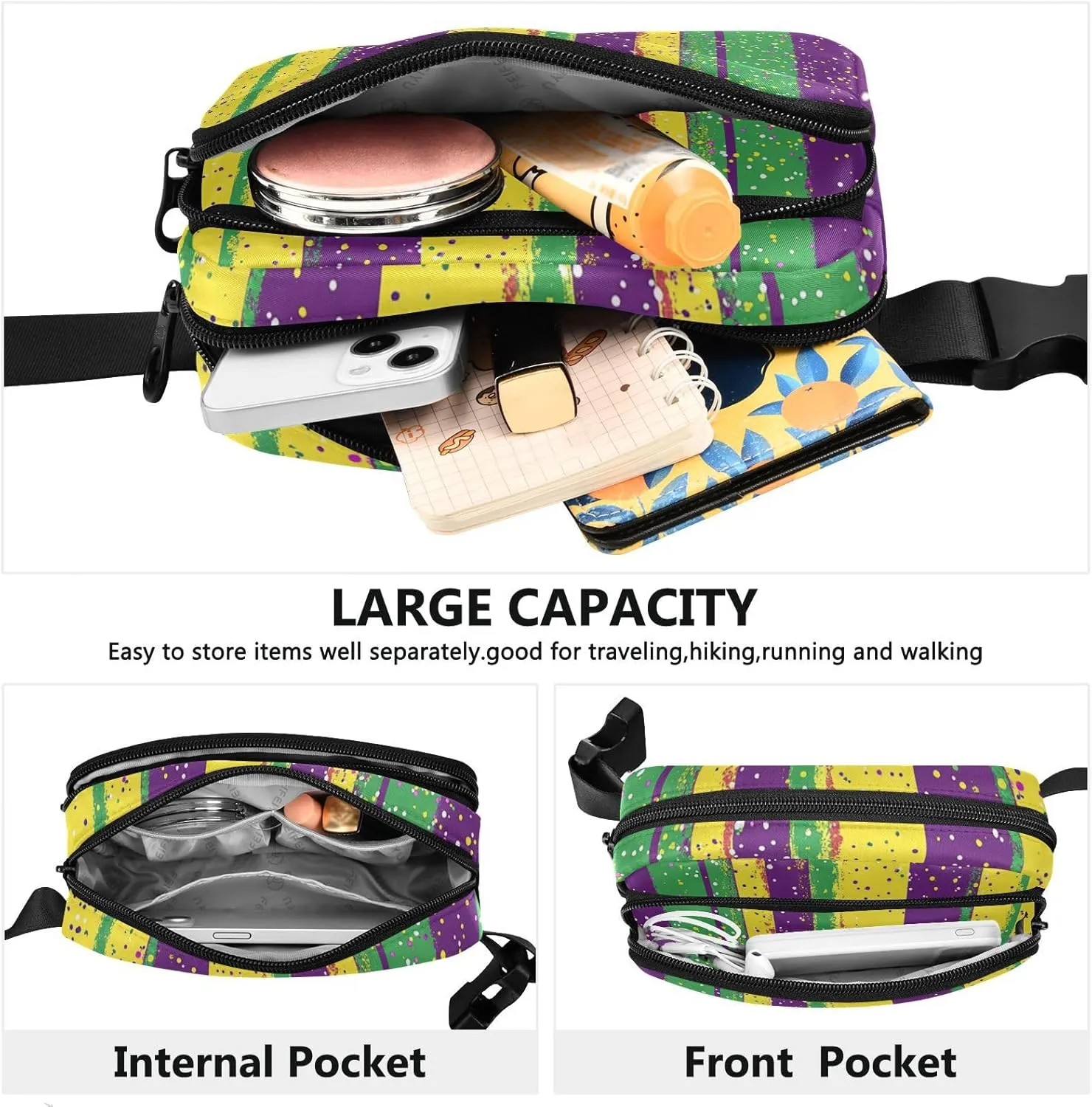 Fanny Pack Waist Bag with Adjustable Strap, Women Men Crossbody Sling Bags, Mardi Gras Carnival Coin Tie Lipstick, Large Capacity Travel Wallet for Shopping Sports Work
