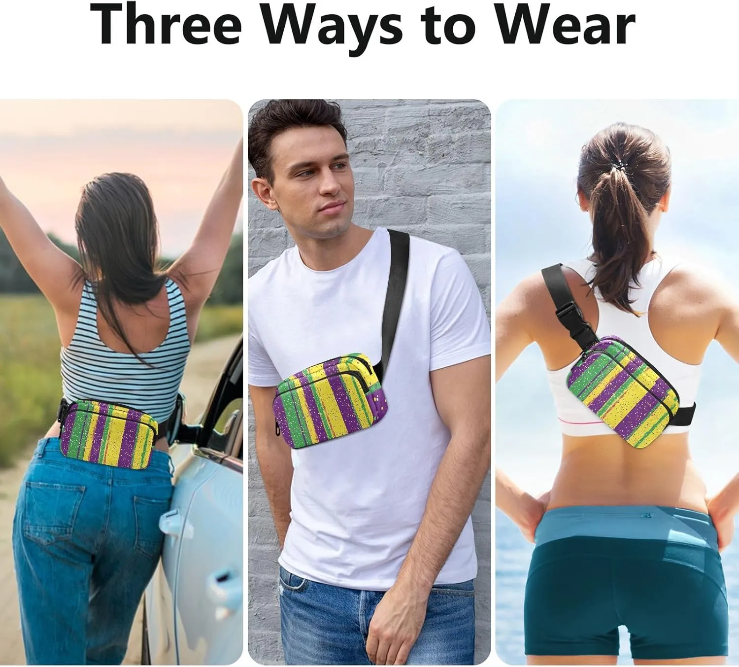 Fanny Pack Waist Bag with Adjustable Strap, Women Men Crossbody Sling Bags, Mardi Gras Carnival Coin Tie Lipstick, Large Capacity Travel Wallet for Shopping Sports Work